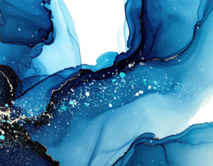 Flowing abstract artwork with shades of blue, gold, and white. Captures fluid motion and depth