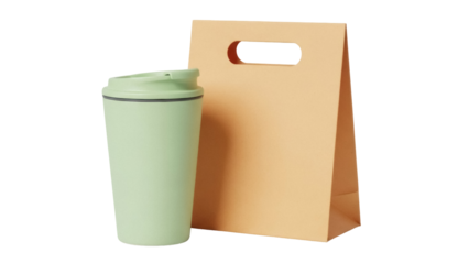 Reusable light green coffee cup and tan paper bag isolated PNG, sustainable lifestyle and eco-friendly packaging for food delivery