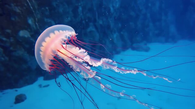 Beautiful sea nettle jellyfish chrysaora pacifica swimming in deep blue ocean water with long tentacles