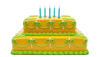 Two-tiered yellow birthday cake with blue candles isolated PNG, festive dessert for celebration on transparent background