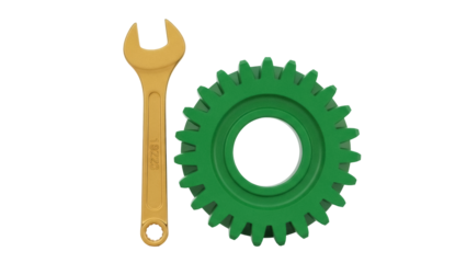 Golden wrench and green gear isolated PNG on transparent background, mechanical tools for engineering and construction