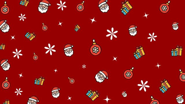 Cheerful red Christmas pattern with Santa faces, gifts, and ornaments. Holiday spirit.
