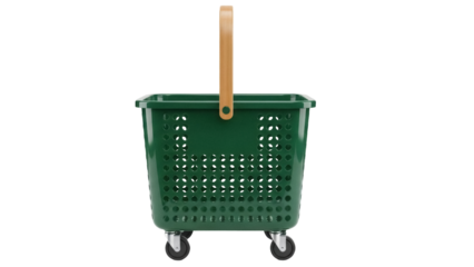 Green plastic shopping basket with wooden handle and wheels isolated PNG, rolling cart for groceries and laundry on transparent background