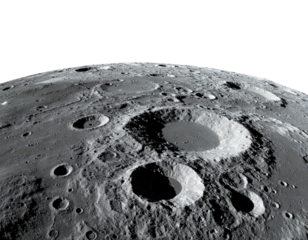 Perspective shot of a textured lunar surface with many impact craters, under a dark sky