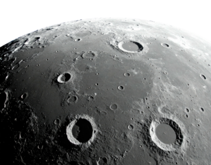 Lunar surface view Close-up showing craters of varying sizes, illuminated in grayscale