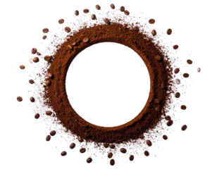 Coffee grounds, beans, and crystalline structures encircling a black, empty central space