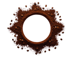 Coffee grounds and beans arranged in a starburst shape around a dark circle