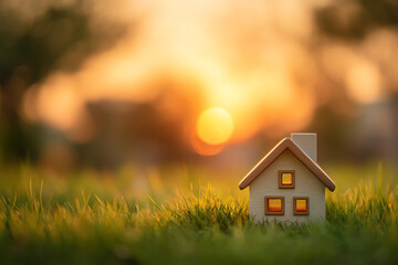 A miniature house sits on grass, illuminated by the warm glow of a sunset, creating a serene and cozy atmosphere.