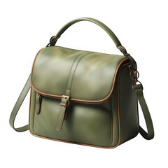Stylish green leather messenger bag with brown accents on transparent background