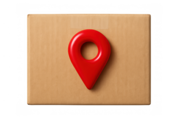 Parcel delivery tracking with red map pin icon on cardboard package, showing shipping address and logistics location