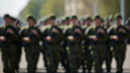 Blurred view of disciplined soldiers marching in unison during a military parade or formal event, symbolizing national defense and unity