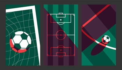 Modern Soccer Graphic Set. Dynamic Geometric Designs Featuring Footballs, Pitches, and Action Scenes in Bold Green and Red Tones for World Cup football, soccer game © NancyPants