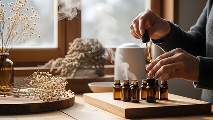 A person fills small amber bottles with essential oil on a wooden table indoors.