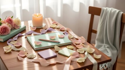 A serene workspace setup with stationery, flowers, and candle on a wooden table beside a chair with a blanket.