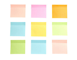Nine square sticky notes of different pastel colors arranged in a 3x3 grid against a black background