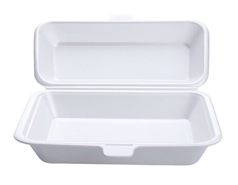 Open, rectangular, white foam container with a hinged lid. Ideal for takeout or food packaging