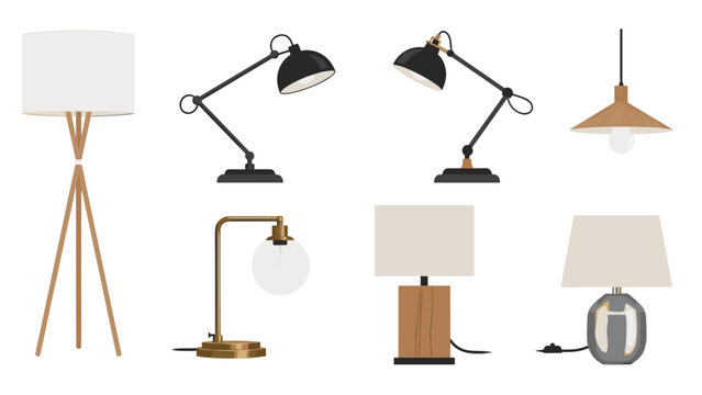 Assortment of eight stylish and contemporary floor lamps and table lamps in different designs and finishes, providing a wide range of lighting options for modern home interiors.