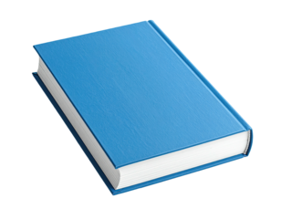 Digitally rendered image of a closed book with a vibrant blue cover