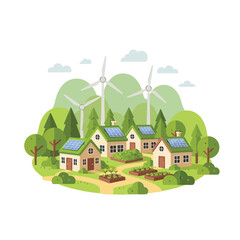 Naklejka premium Green energy concept visual showing solar-powered homes, wind turbines, and local farming in an eco-conscious village setting