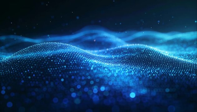 Abstract digital technology background featuring a glowing blue particle wave with flowing data points and cinematic bokeh light effects representing big data and cybersecurity