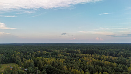 Aerial view of vast green forest landscape under a clear blue sky, showcasing the beauty of nature during daytime. Ideal for environmental projects and outdoor themes.