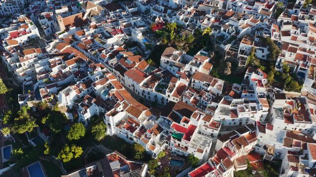 Stunning Aerial Sunrise View Over Frigiliana, the Iconic White Village Pueblo Blanco of Andalusia, Spain - Cinematic Drone
