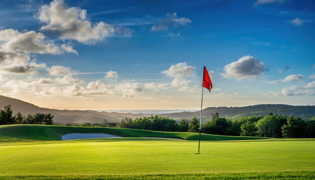 Vibrant Green Golf Course Fairway with Red Flag on Sunny Day under Blue Sky