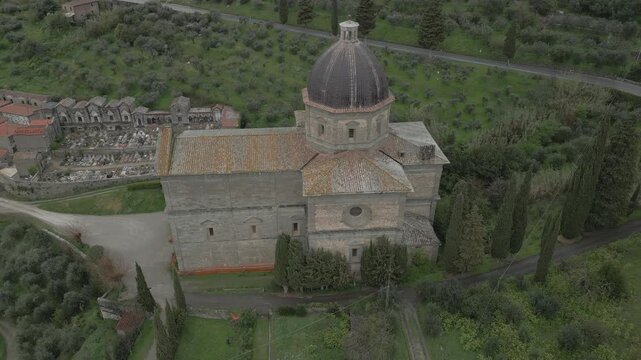 Drone flying around the Renaissance church of Santa Maria delle Grazie, near the town of Cortona