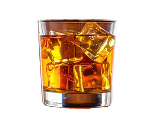 A close-up shot of a glass filled with golden-brown liquid and ice cubes against black