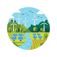 Illustrated renewable energy scene with wind turbines, solar panels, and river for eco-friendly branding and sustainability education