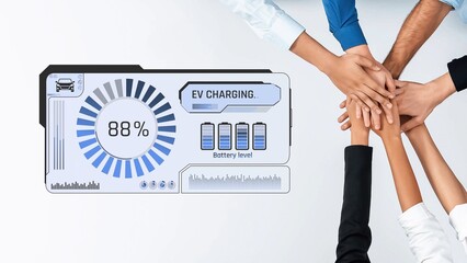 This image captures diverse hands coming together, symbolizing collaboration and support in the electric vehicle charging industry, reflecting innovation and sustainability. Raster