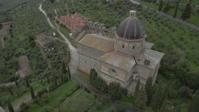 Aerial view of the Renaissance church Santa Maria delle Grazie al Calcinaio in Cortona, Tuscany