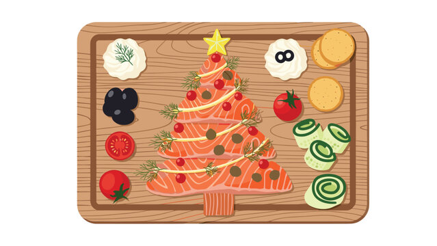 Festive Christmas tree-shaped salmon platter elegantly arranged with capers, cherry tomatoes, dill, and cream cheese on a wooden board, perfect for holiday appetizers and gourmet dining.