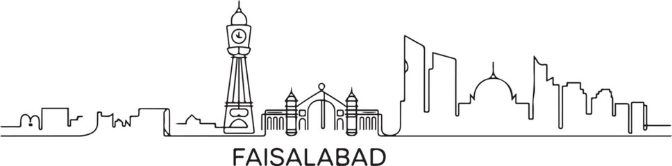 Obraz premium Stylish single line drawing of Faisalabad city skyline in Pakistan, featuring iconic Clock Tower and modern buildings; a skyline concept themed around Punjab's. one line Icon drawing