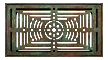 Rectangular metal drainage grate with an oxidized finish.