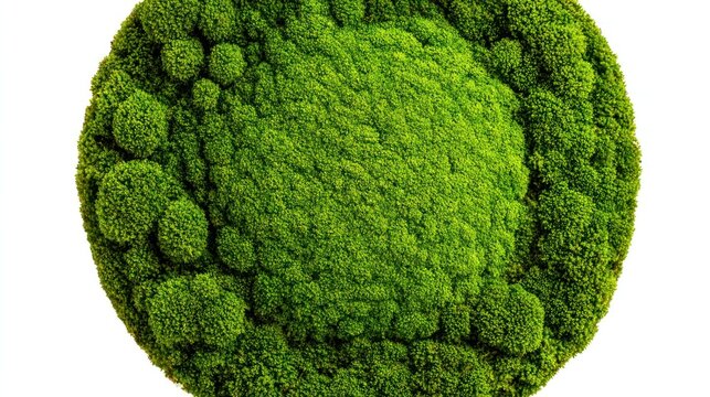 Green moss in a perfect circle shape, top view isolated on white background