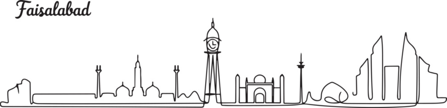 Stylish single line drawing of Faisalabad city skyline in Pakistan, featuring iconic Clock Tower and modern buildings; a skyline concept themed around Punjab's. one line Icon drawing