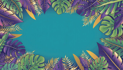 Obraz premium Tropical Leaf Border Frame on Teal Background - Lush Foliage Design for Exotic Vacations & Nature Themes