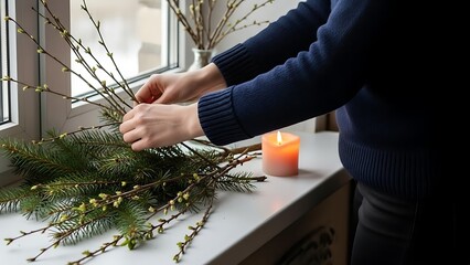 Person arranging branches with buds and pine on a windowsill near a lit candle indoors
