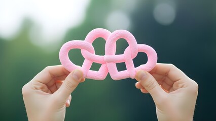 Hands holding a pink interlocking heart shaped teether toy