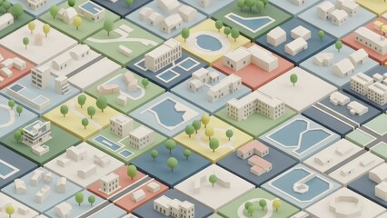 Isometric map tiles arranged in a calm grid, soft pastel tones, modern urban planning style.