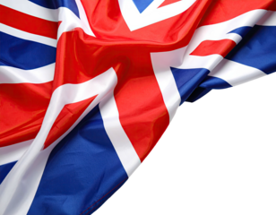 A close-up shot of the Union Jack flag with red, white, and blue colors, rippling