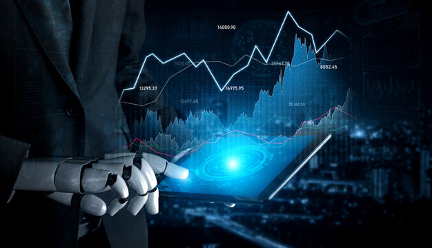 A futuristic robot hand interacts with a laptop displaying dynamic financial data and digital graphs, representing innovation in technology and business analytics. Scalp - Powered by Adobe