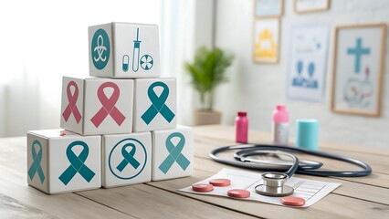Stacked cubes with medical symbols and stethoscope
