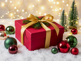 High-resolution holiday scene with elegant gift box, shiny Christmas ornaments, white snow, soft bokeh background, warm festive lighting, shallow depth of field, and refined commercial aesthetic.