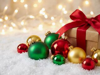Festive Christmas decorations featuring wrapped gift box with ribbon, glossy ornaments, soft snow, glowing bokeh lights, warm highlights, clean composition, and polished seasonal holiday atmosphere