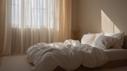 Fototapeta premium Minimalist bedroom interior emphasizing calm, cleanliness, and modern living aesthetics.