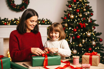 Woman and girl joyfully wrapping Christmas gifts together at a festive table, surrounded by decorated tree and holiday decorations, celebrating the spirit of the season