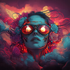 A surreal female portrait with glowing goggles and blooming roses, symbolizing inner vision, emotional intensity, and the moment imagination transforms into powerful self-awareness.