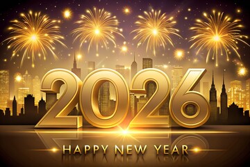 2026 New Year Night Cityscape with Golden Text and Illuminated Buildings